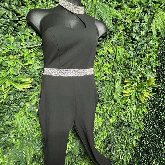 Women Jumpsuit Large Black Pants High Neckline Stoned Accent Fitted Ipoe 1710 - Picture 4 of 8